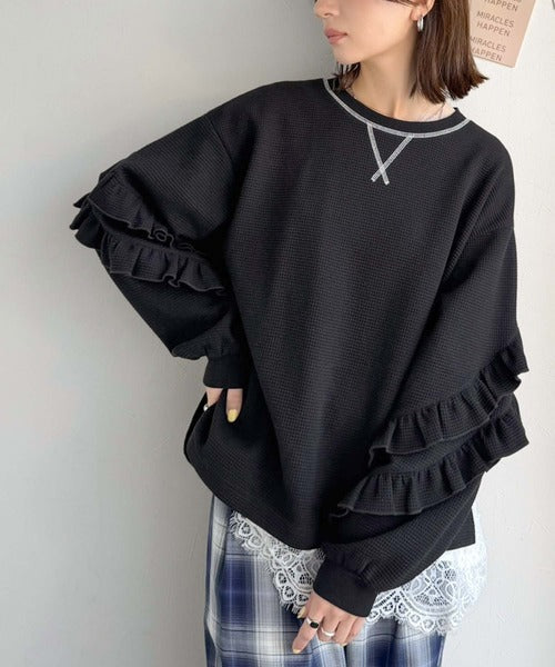 《JaVaジャバコラボ》袖からときめく、大人のカジュアル。袖フリルワッフルプルオーバー jv1010688