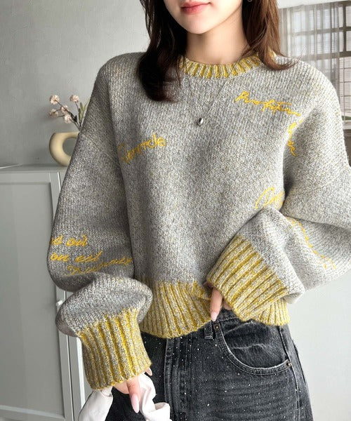 【mily bilet】大人の個性派ニット。ランダム刺繍クロップドニットプルオーバー mi1029088