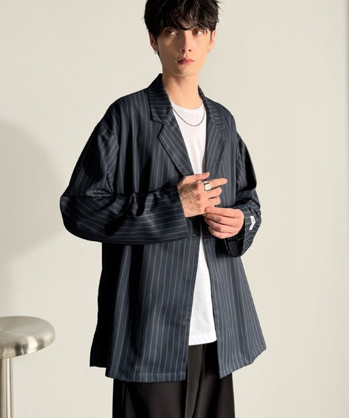 【Classical Origin】「さっと羽織れる。」ストライプ柄ドレープテーラードシャツジャケット／Relaxed Draped Tailored Stripes Shirt Jacket co1150041