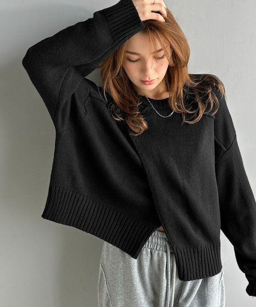 【mily bilet】ゆるっとシルエットが魅せる、大人の余裕。前後２WAYフロント切り替えニットプルオーバー（長袖） mi1329046