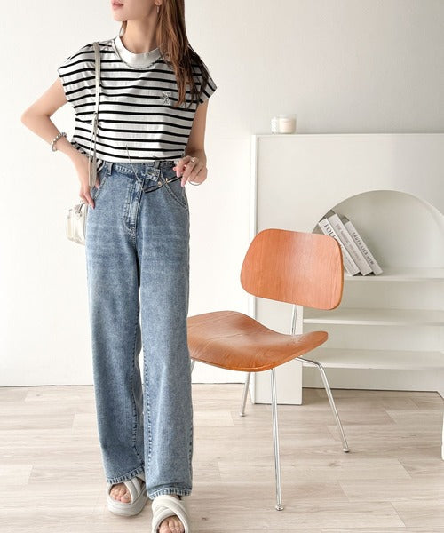 大人女子の上品ベーシック。綿100％シルケットモックネックフレンチTシャツ(刺繍) ce1260395