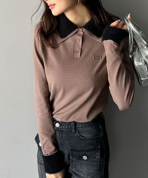 【mily bilet】上品とカジュアルを叶える、大人コーデが即完成。ファー使いダブル襟ロゴプレートニットポロ(長袖) mi1029150