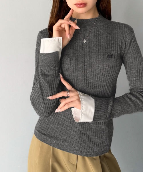 【mily bilet】1枚で完成♪重ね着風デザイン◎カシミアタッチ袖カフスレイヤード刺繍ニット mi1259018