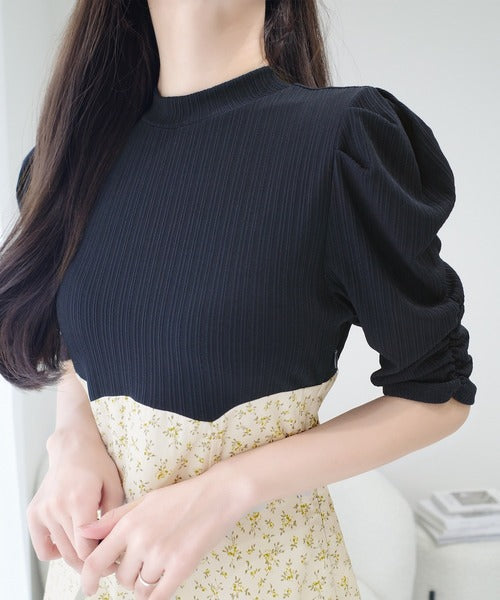 【mily bilet】一枚で主役級フェミニンスタイル。後ろシアーリボン花柄ドッキング袖ギャザーワンピース（ロング丈） mi1139073
