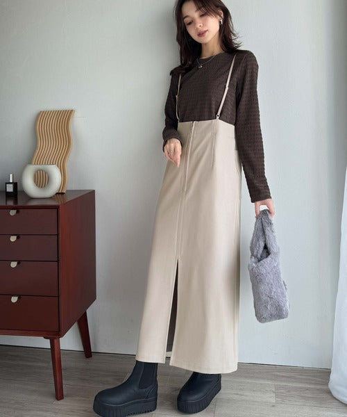 女性らしい上品シルエット。前後2wayサスペンダー付きタイトスカート（ロング丈・セットアップ可） ce1240047