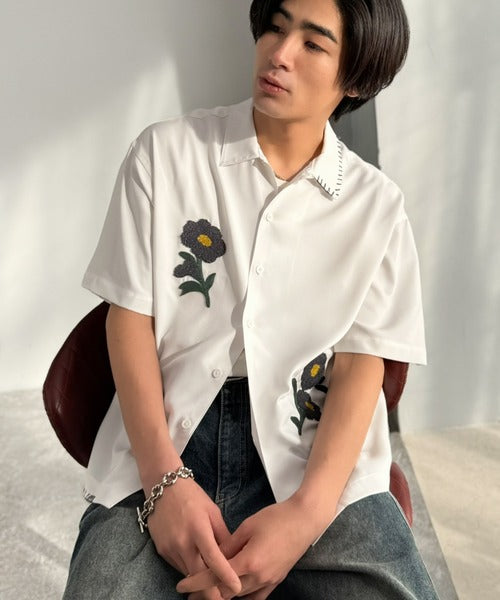 【接触冷感機能付き】サガラ刺繍フラワーステッチシャツ／Cool-Touch Fabric Sagara Embroidered Flower Stitch Shirt (半袖) co1320019