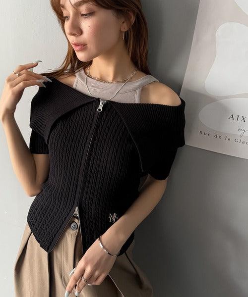 【mily bilet】抜け感レディースタイル。ロゴ刺繍オフショル２WAYダブルジップケーブル柄サマーニット（半袖） mi1029121