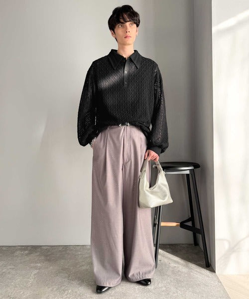 「透け感、モードの余韻。」衿ダブルライン使いレース柄ニットポロシャツ／Double-Line Collar Lace Pattern Knit Polo Shirt co1010049