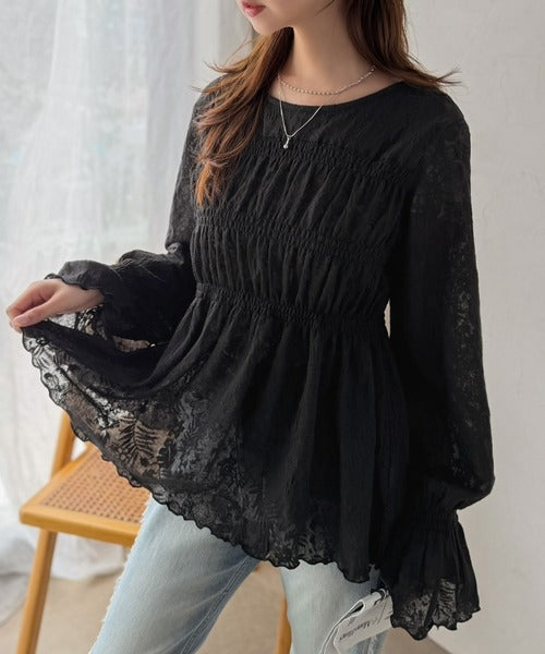 甘さも華やかさも、ぜんぶ盛り♪キャンディスリーブシャーリングデザインシアートップス（長袖） ce1010677