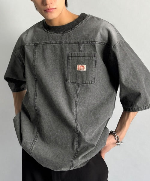 《JaVaジャバコラボ》綿100％ヴィンテージ加工アウターデニムTシャツ jo1010007