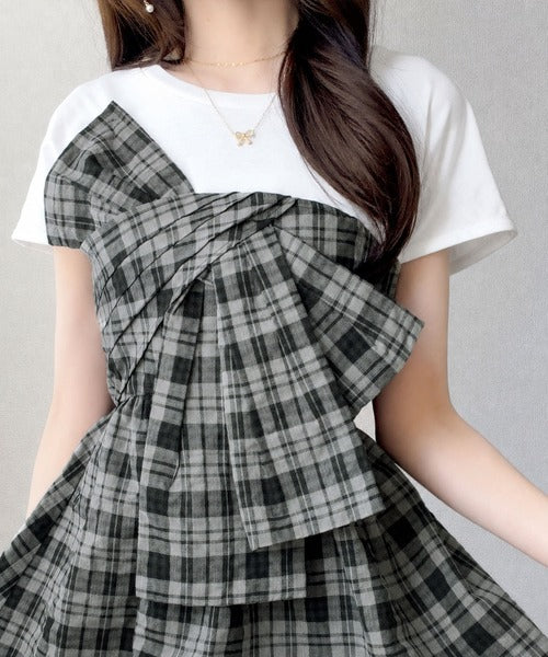 【mily bilet】忙しい朝も悩まない、初夏の一軍トップス。リボンビスチェドッキングTシャツ (半袖) mi1019145