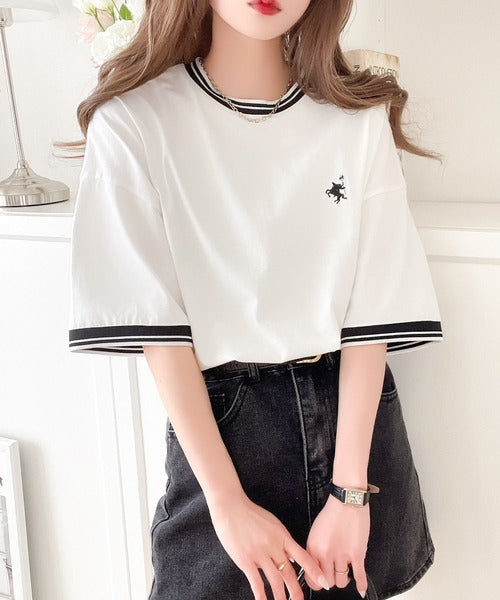 《JaVa ジャバコラボ》大人スポーティー。綿100%シルケット 配色刺繍Tシャツ jv1050074