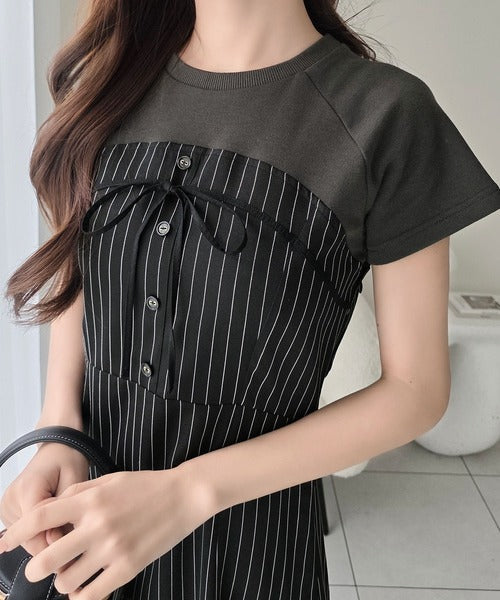 【mily bilet】こなれ感抜群の最旬レイヤード。Tシャツレイヤード風 ストライプドッキング フレアワンピース (ロング丈) mi1019129