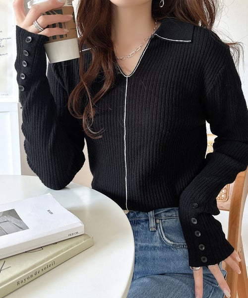 フィット感のあるスタイリッシュシルエット！配色ラインデザイン衿付きリブニット ce1020276