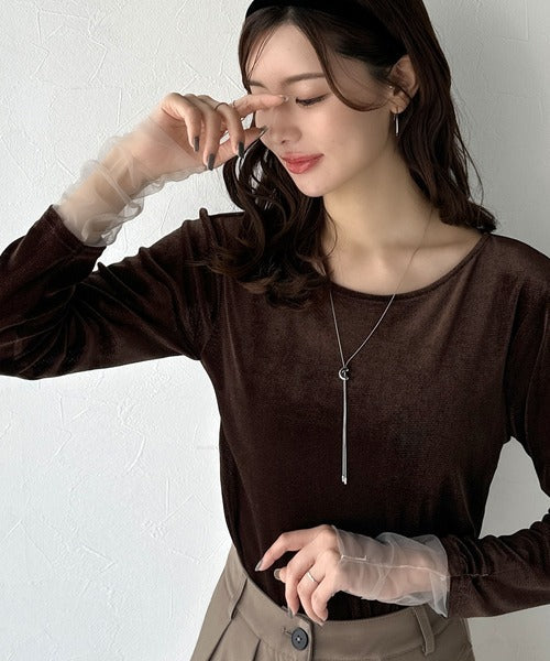 【mily bilet】異素材ミックスで魅せる◎シアーベロア袖メッシュ切り替えプルオーバー mi1269008