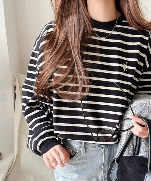 大人カジュアルスタイルに。綿100％着心地抜群の胸刺繍クルーネック長袖Tシャツ ce1050215