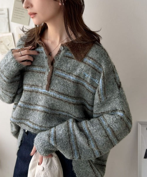 メンズライクに女子っぽさを。胸刺繍ブークレ配色ボーダーニットポロ（長袖） ce1240142