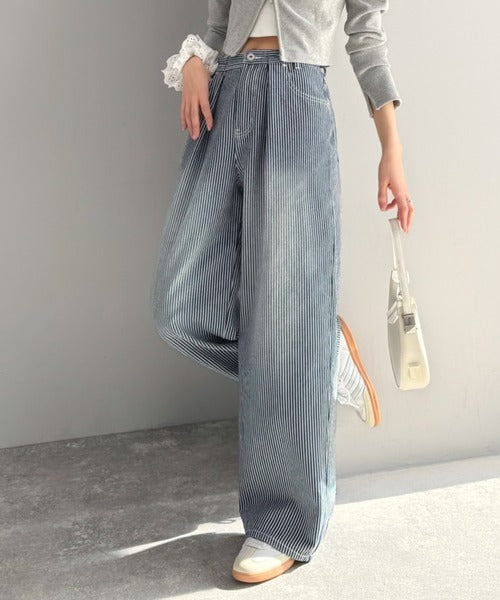 【mily bilet】こなれ感漂うヴィンテージ風デニム。タック入りヒッコリーパンツ mi0909024