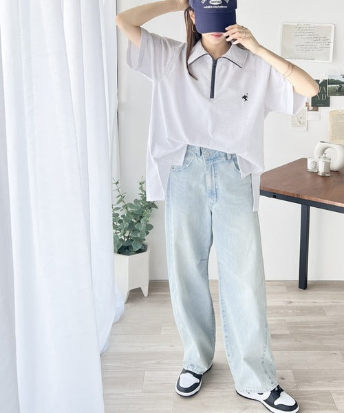 《Javaジャバコラボ》一点投入で好印象コーデ。胸刺繍サッカー素材ハーフジッププルオーバー jv1260175