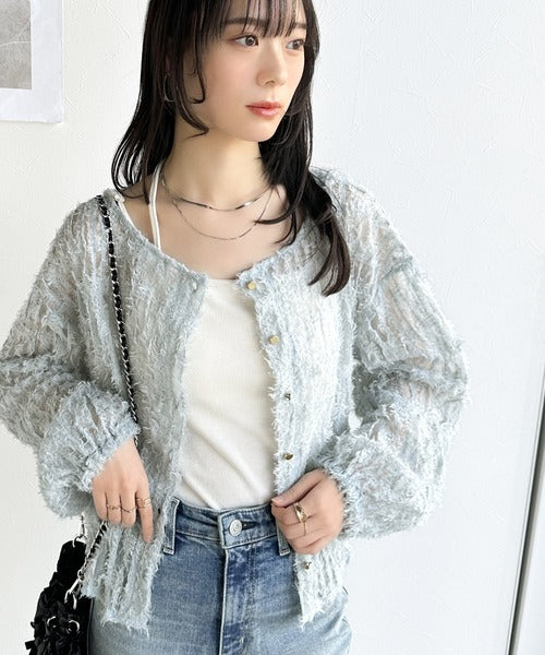 【mily bilet】上質なフェザー素材が生み出す。ふんわり感が魅力の前後2WAYシアーフリンジチュールカーディガン（長袖） mi1019070