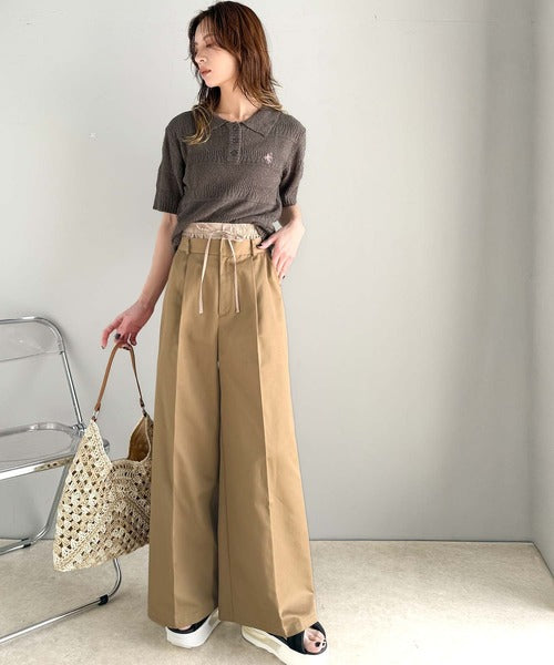 上品なシルエットの優秀パンツ♪Wベルト異素材スラックスワイドパンツ ce0940219