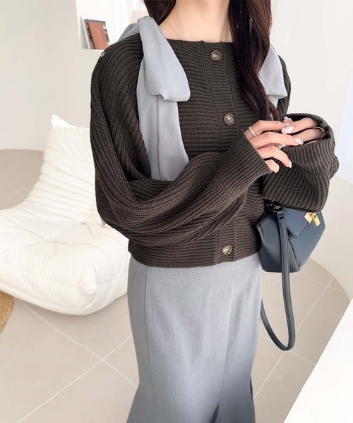 【mily bilet】あざとかわいい♪肩シフォンリボンマルチウェイニットカーディガン(ショート丈) mi1029100