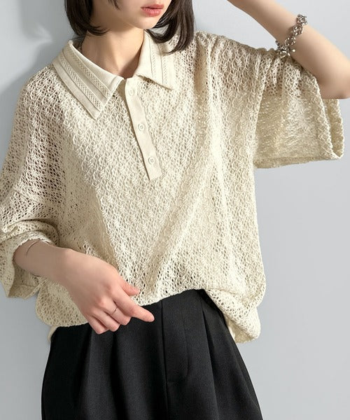 「透け感、モードの余韻。」衿ダブルライン使いレース柄ニットポロシャツ/Lace Detail Knit Polo Shirt co1010010