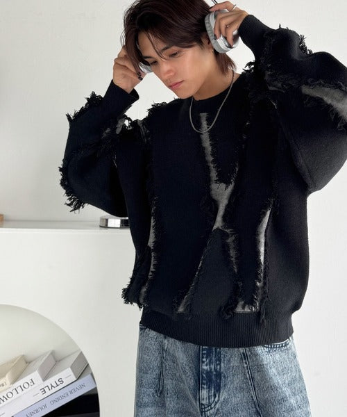 【classical origin】「着るだけで、印象派」。フリンジデザイン配色オーバーサイズニット（長袖）/Fringe design oversized long sleeve knit ao1260444