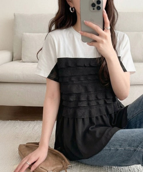 甘さを仕込む、大人の余裕。綿100％シルケット加工×シアーフリル切替オーバーサイズペプラムTシャツ（半袖） ce1410008