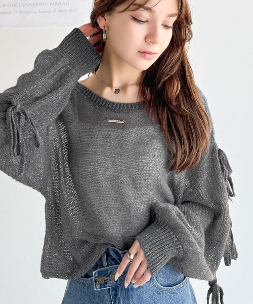 【mily bilet】大人のきらめき。プレートデザイン透かし編み袖リボンラメニット(ワンオフショル2way) mi1259009