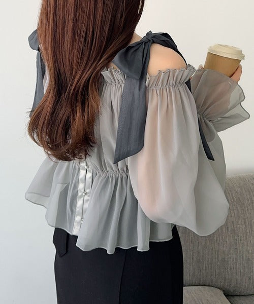 【mily bilet】大人愛され甘め主役級トップス。肩リボンオフショル２WAYオーガンジーブラウス(長袖) mi1359008
