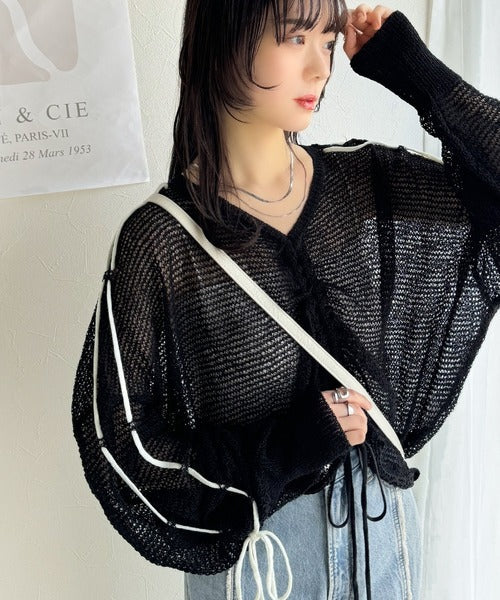 【mily bilet】ルーズな愛らしさで魅了する。透かし編みギャザー仕様リボンプルオーバー（長袖） mi1029102