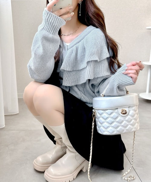 【mily bilet】1枚で華やぐデザイン。ビッグフリルミックスニットカーディガン（長袖） mi1329056