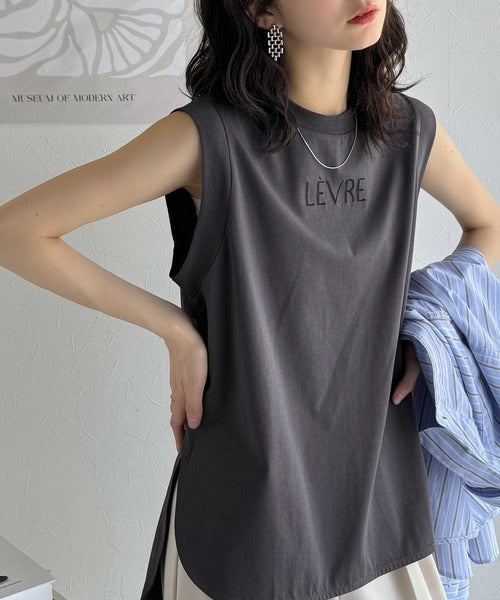 春夏コーデの主役！シルケット胸元刺繍サイド裾スリット入りノースリーブカットソー ce1020199