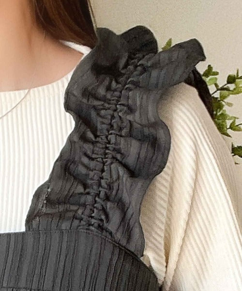 大人っぽ可愛いを叶える！楊柳ストライプ素材フリルギャザーショルダー オールインワンサロペット ce1070142