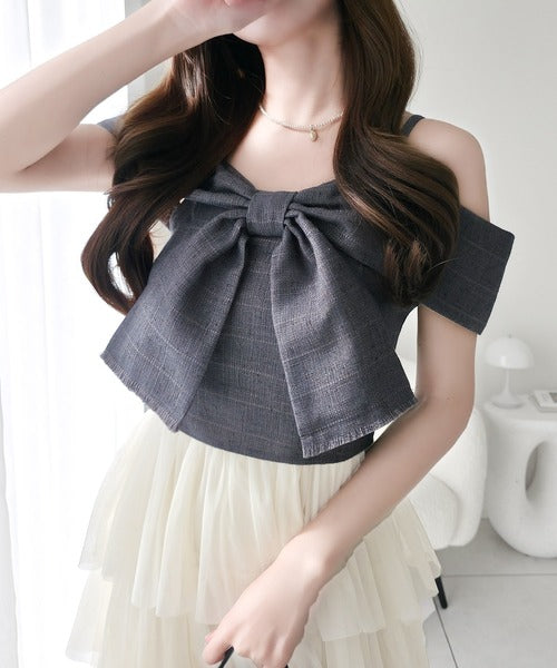 【mily bilet】一枚に大人可愛いを凝縮。リボンデザイントップス×チュールスカートドッキングキャミワンピース (ロング丈) mi1139113