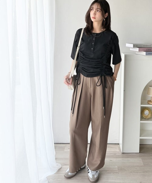 《JaVaジャバコラボ》アレンジを楽しむ、私だけの一枚。前後2wayヘンリーネックドロストチュニックＴシャツ(半袖) jv1010437