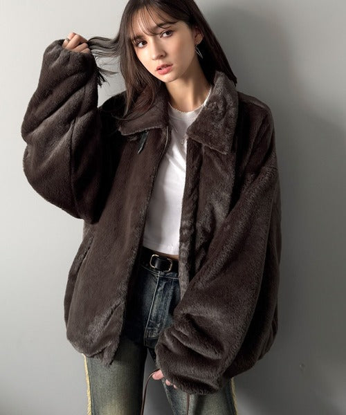 【Classical Origin】「3wayアレンジ可能。」ベルト襟フェイクファー素材ジャケット／Belted Collar Faux Fur Jacket co1150080
