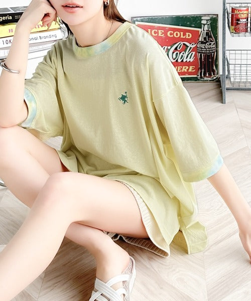 レトロでポップな大人リンガーT。胸刺繍タイダイリンガー半袖T ce1050158