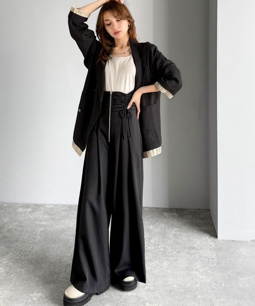【mily bilet】コルセット風で“キュッ”と細見え。ウエストシャーリングハイウエストタック入りワイドパンツ mi1329054