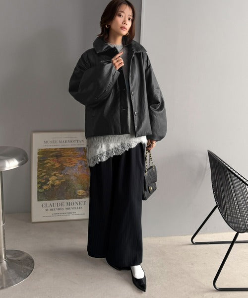 レザーって、こんなに可愛く着られる！大人可愛い丸みシルエット♪フェイクレザー中綿入りステンカラーショートジャケット ce1070253