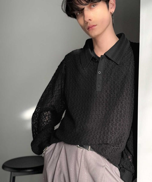 「透け感、モードの余韻。」衿ダブルライン使いレース柄ニットポロシャツ／Double-Line Collar Lace Pattern Knit Polo Shirt co1010049