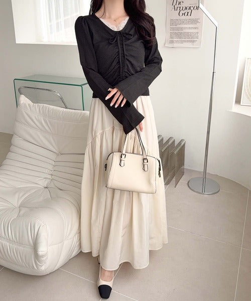 【mily bilet】レース×シャーリングで、甘さをひとさじ。レースドッキングパフスリーブジャガードトップス（長袖） mi1359080