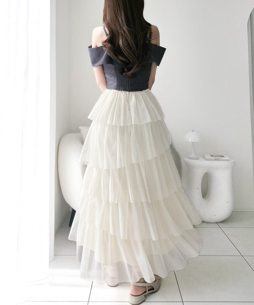 【mily bilet】一枚に大人可愛いを凝縮。リボンデザイントップス×チュールスカートドッキングキャミワンピース (ロング丈) mi1139113