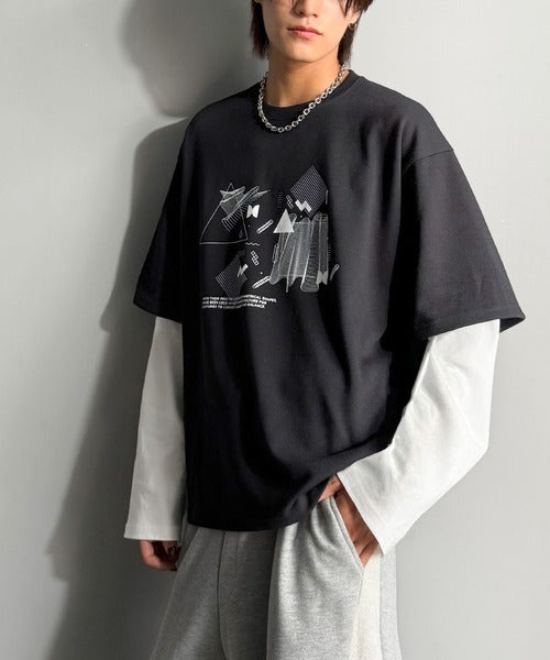【Classical Origin】幾何学柄ポンチ素材レイヤードTシャツ(長袖)／Geometric Pattern Ponte Layered T-Shirt co1150050