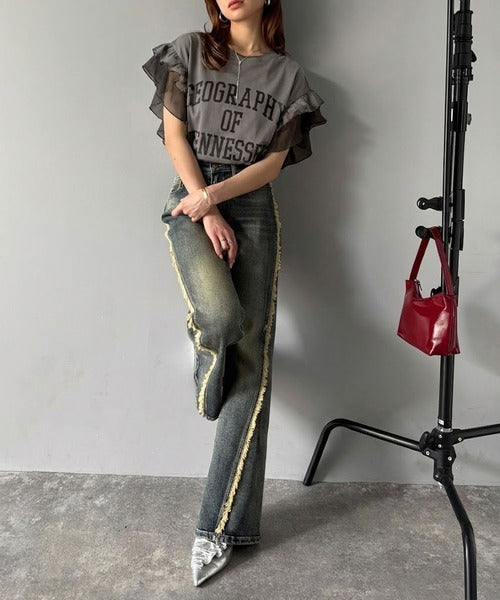 【mily bilet】可愛さふわり2倍増し！ ダブルフリル袖カレッジライクロゴゆるTシャツ mi1329036