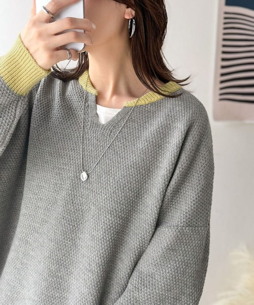 《JaVaジャバコラボ》ざっくり×配色が旬顔。配色スキッパーオーバーサイズ鹿の子編みニット（長袖） jv1410040