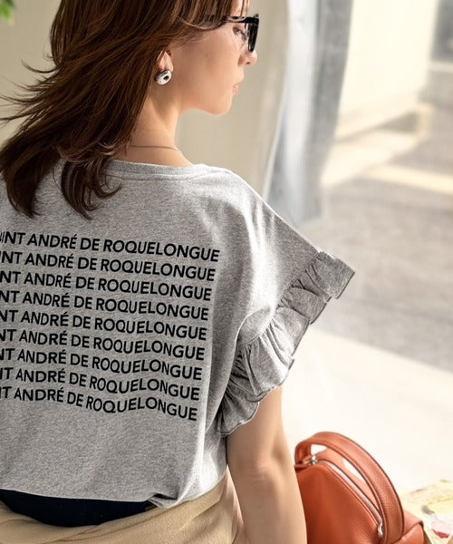 《JaVaジャバコラボ》着るだけで主役級。綿100％バック箔プリント袖フリルTシャツ（半袖） jv1330104