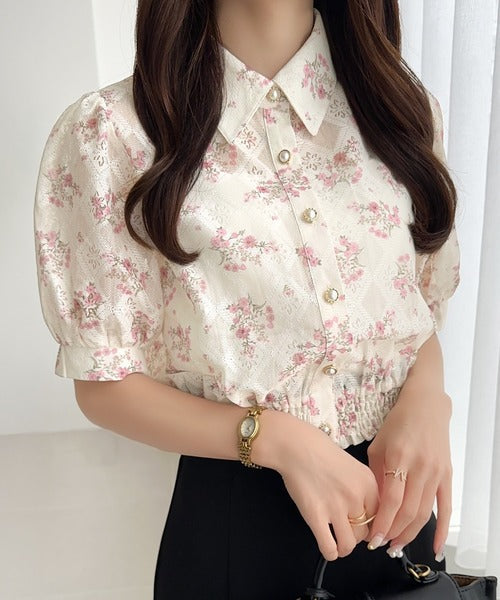【mily bilet】スタイルアップ効果抜群♪花柄シアーレースショート丈ブラウス mi1139058