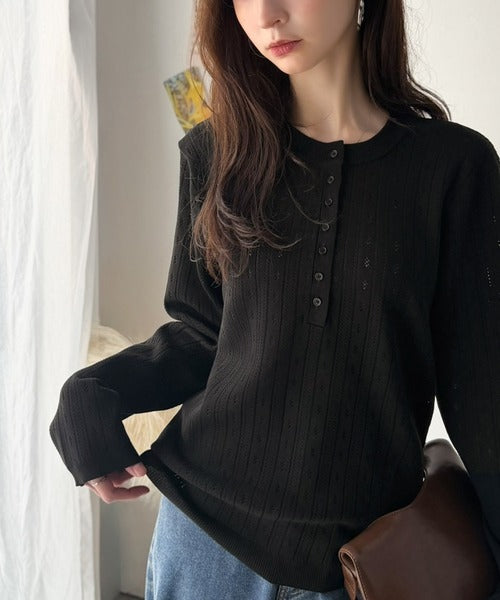 透かし柄にひと目惚れ♪大人フェミニン、アイレット柄ヘンリーネックニット (長袖) ce1020405